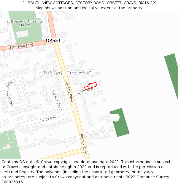 1, SOUTH VIEW COTTAGES, RECTORY ROAD, ORSETT, GRAYS, RM16 3JX: Location map and indicative extent of plot