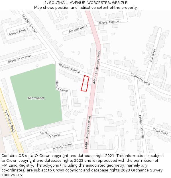 1, SOUTHALL AVENUE, WORCESTER, WR3 7LR: Location map and indicative extent of plot