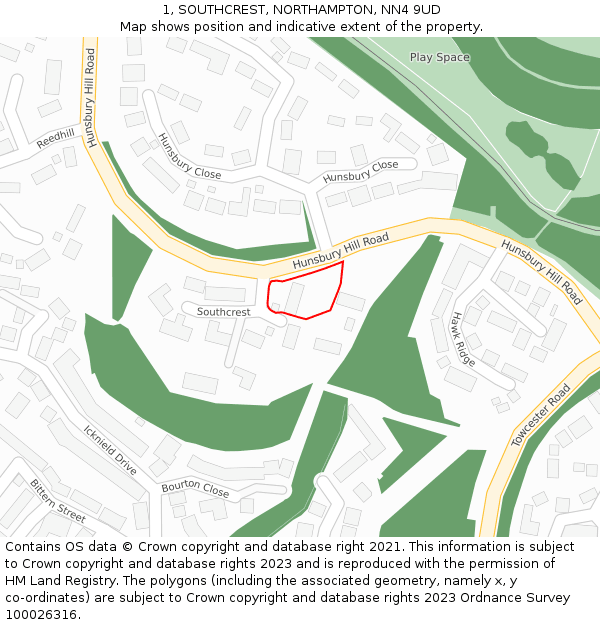 1, SOUTHCREST, NORTHAMPTON, NN4 9UD: Location map and indicative extent of plot