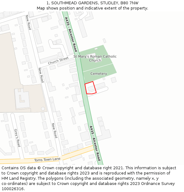1, SOUTHMEAD GARDENS, STUDLEY, B80 7NW: Location map and indicative extent of plot