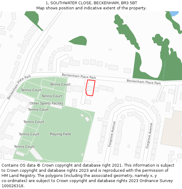 1, SOUTHWATER CLOSE, BECKENHAM, BR3 5BT: Location map and indicative extent of plot