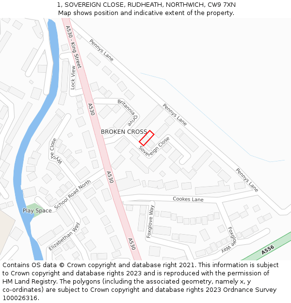 1, SOVEREIGN CLOSE, RUDHEATH, NORTHWICH, CW9 7XN: Location map and indicative extent of plot