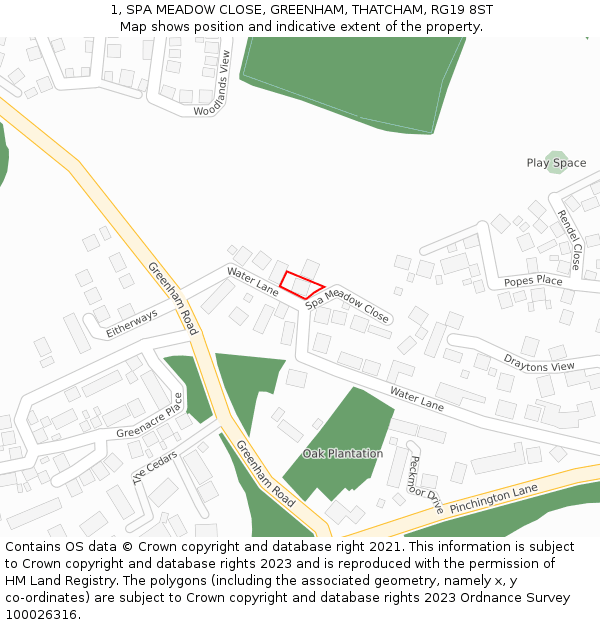 1, SPA MEADOW CLOSE, GREENHAM, THATCHAM, RG19 8ST: Location map and indicative extent of plot
