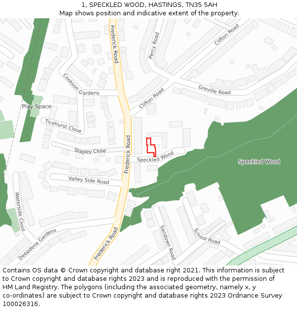 1, SPECKLED WOOD, HASTINGS, TN35 5AH: Location map and indicative extent of plot