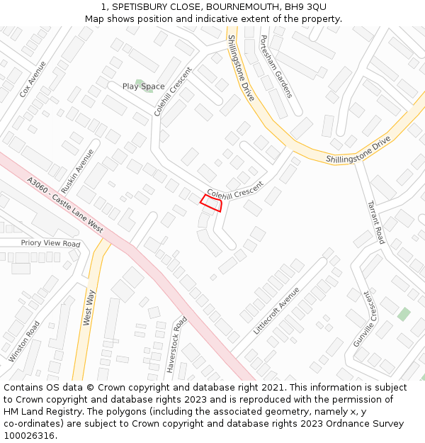 1, SPETISBURY CLOSE, BOURNEMOUTH, BH9 3QU: Location map and indicative extent of plot