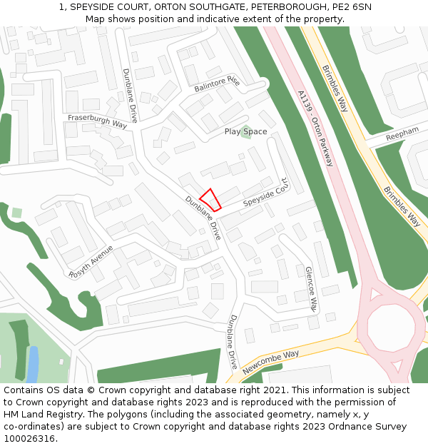 1, SPEYSIDE COURT, ORTON SOUTHGATE, PETERBOROUGH, PE2 6SN: Location map and indicative extent of plot