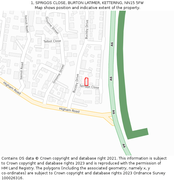 1, SPRIGGS CLOSE, BURTON LATIMER, KETTERING, NN15 5FW: Location map and indicative extent of plot