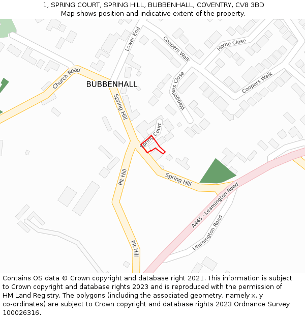 1, SPRING COURT, SPRING HILL, BUBBENHALL, COVENTRY, CV8 3BD: Location map and indicative extent of plot