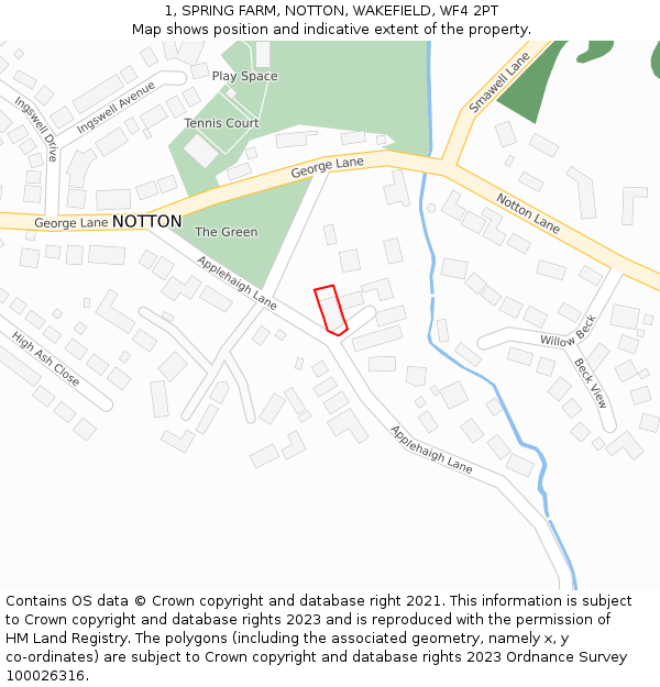1, SPRING FARM, NOTTON, WAKEFIELD, WF4 2PT: Location map and indicative extent of plot