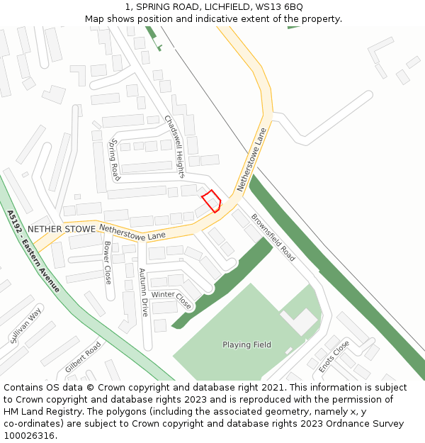 1, SPRING ROAD, LICHFIELD, WS13 6BQ: Location map and indicative extent of plot