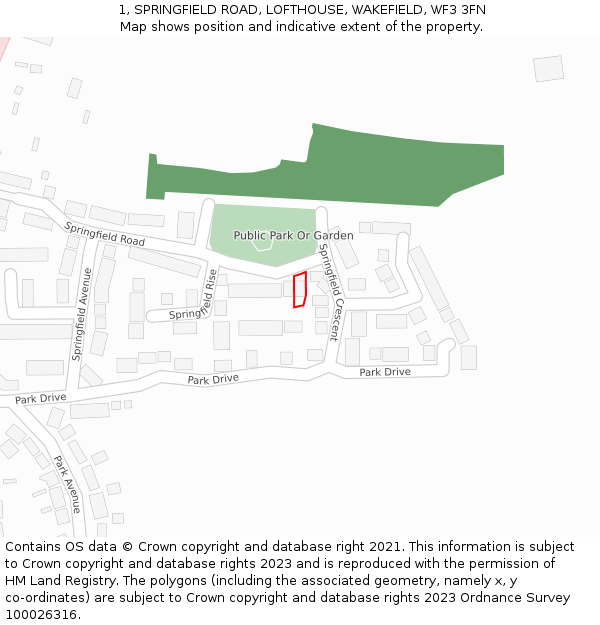1, SPRINGFIELD ROAD, LOFTHOUSE, WAKEFIELD, WF3 3FN: Location map and indicative extent of plot