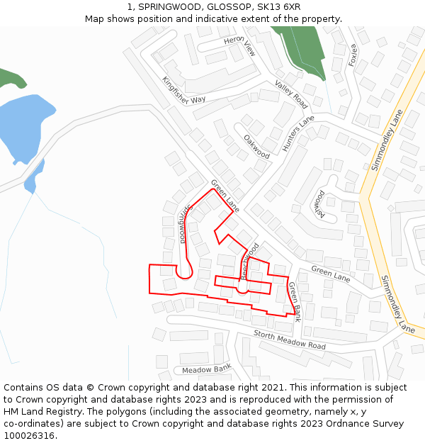 1, SPRINGWOOD, GLOSSOP, SK13 6XR: Location map and indicative extent of plot