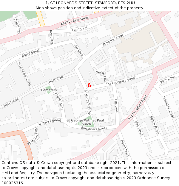 1, ST LEONARDS STREET, STAMFORD, PE9 2HU: Location map and indicative extent of plot