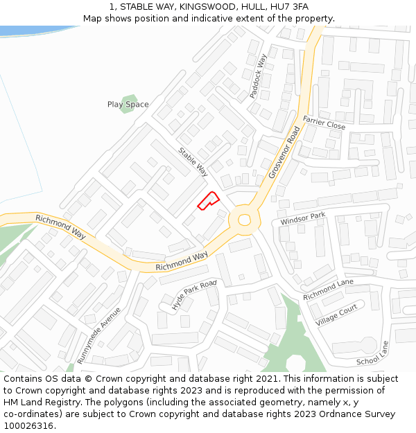 1, STABLE WAY, KINGSWOOD, HULL, HU7 3FA: Location map and indicative extent of plot