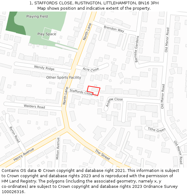1, STAFFORDS CLOSE, RUSTINGTON, LITTLEHAMPTON, BN16 3PH: Location map and indicative extent of plot