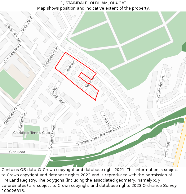 1, STAINDALE, OLDHAM, OL4 3AT: Location map and indicative extent of plot