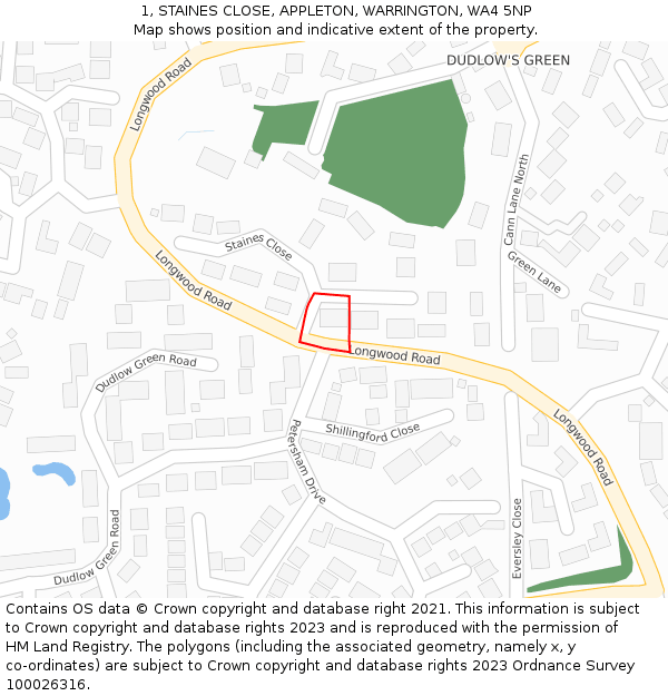 1, STAINES CLOSE, APPLETON, WARRINGTON, WA4 5NP: Location map and indicative extent of plot