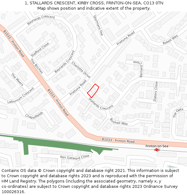 1, STALLARDS CRESCENT, KIRBY CROSS, FRINTON-ON-SEA, CO13 0TN: Location map and indicative extent of plot