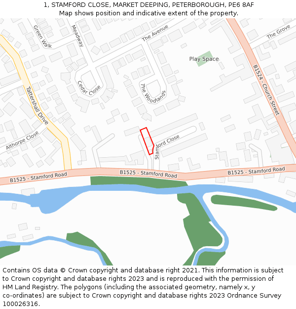 1, STAMFORD CLOSE, MARKET DEEPING, PETERBOROUGH, PE6 8AF: Location map and indicative extent of plot