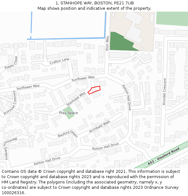 1, STANHOPE WAY, BOSTON, PE21 7UB: Location map and indicative extent of plot