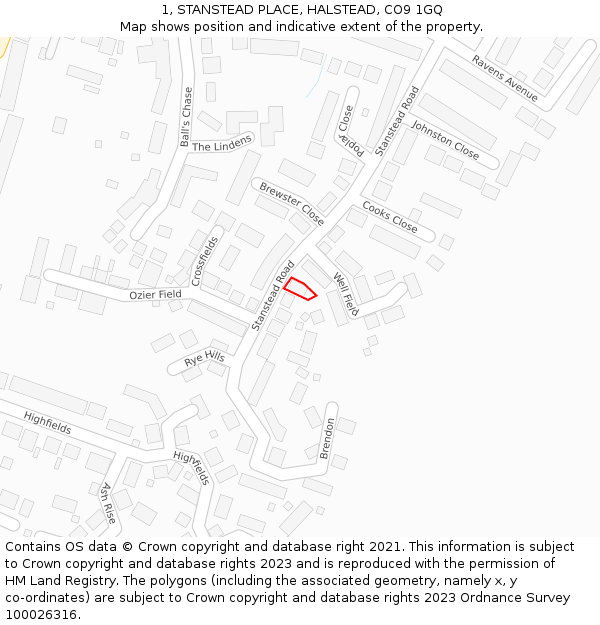1, STANSTEAD PLACE, HALSTEAD, CO9 1GQ: Location map and indicative extent of plot