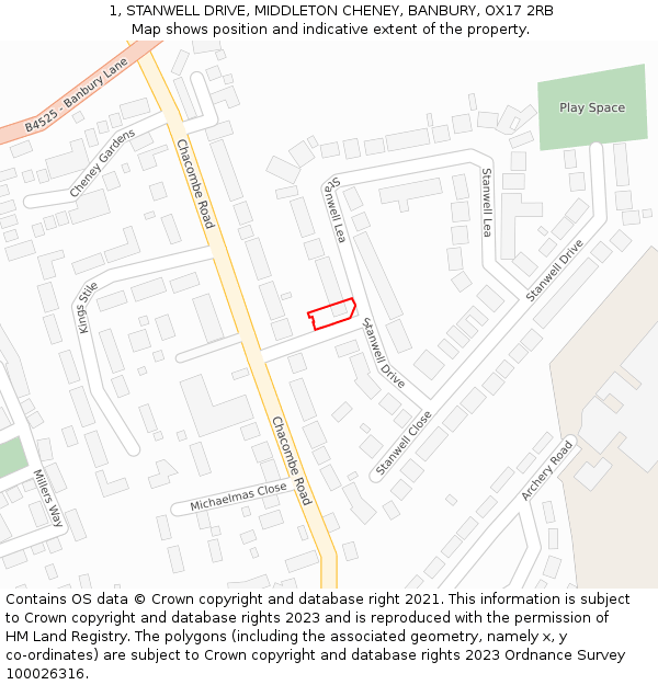 1, STANWELL DRIVE, MIDDLETON CHENEY, BANBURY, OX17 2RB: Location map and indicative extent of plot