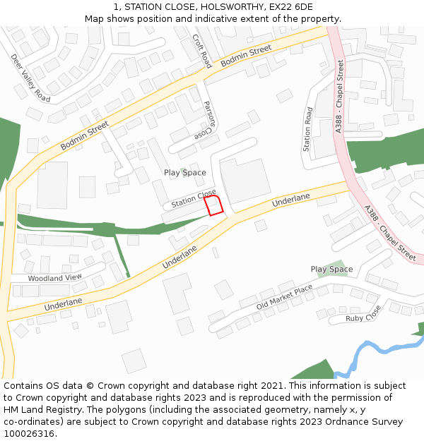 1, STATION CLOSE, HOLSWORTHY, EX22 6DE: Location map and indicative extent of plot