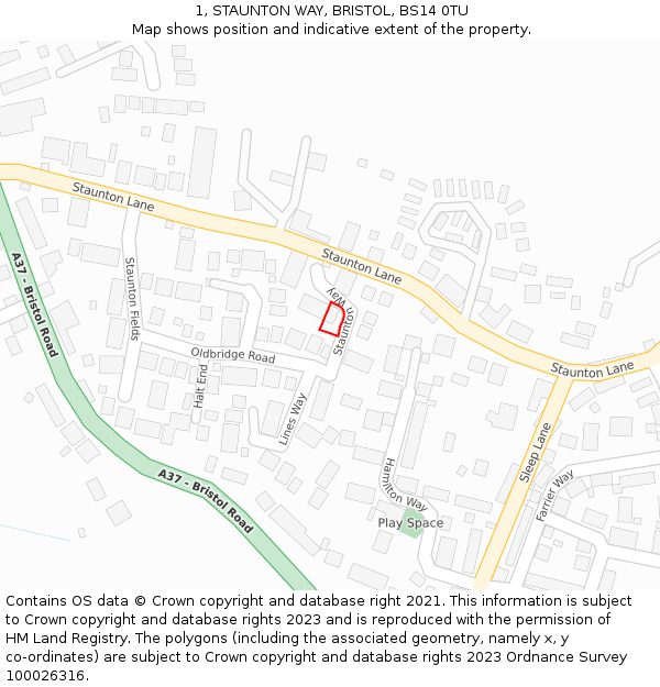 1, STAUNTON WAY, BRISTOL, BS14 0TU: Location map and indicative extent of plot