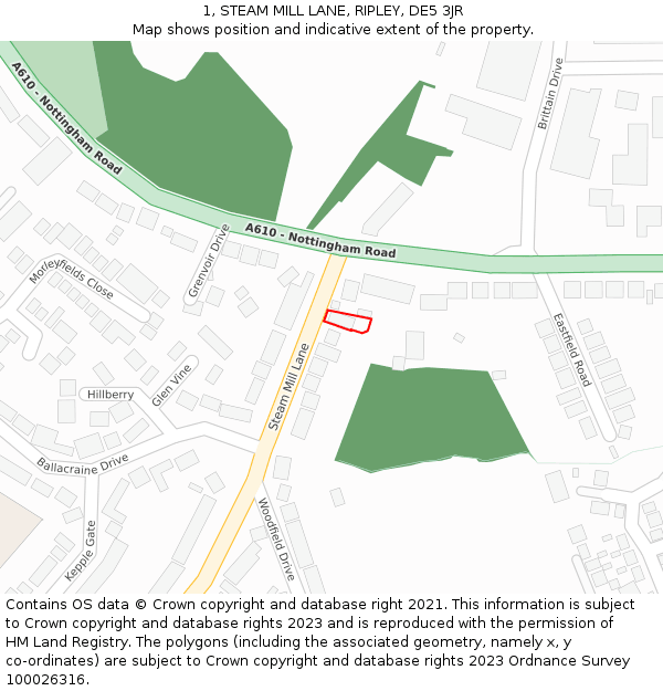 1, STEAM MILL LANE, RIPLEY, DE5 3JR: Location map and indicative extent of plot