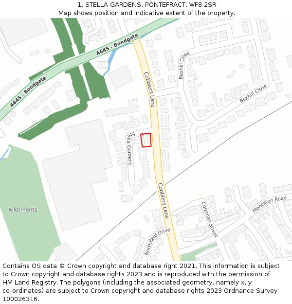 1, STELLA GARDENS, PONTEFRACT, WF8 2SR: Location map and indicative extent of plot