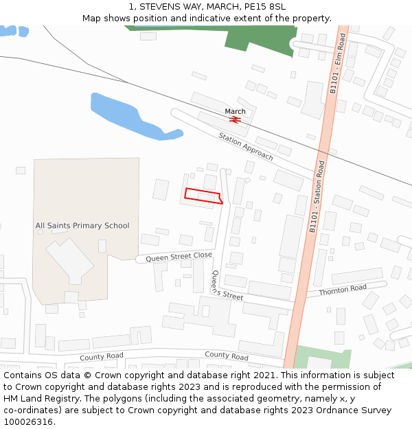 1, STEVENS WAY, MARCH, PE15 8SL: Location map and indicative extent of plot