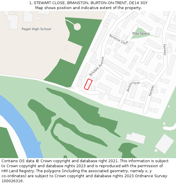 1, STEWART CLOSE, BRANSTON, BURTON-ON-TRENT, DE14 3GY: Location map and indicative extent of plot