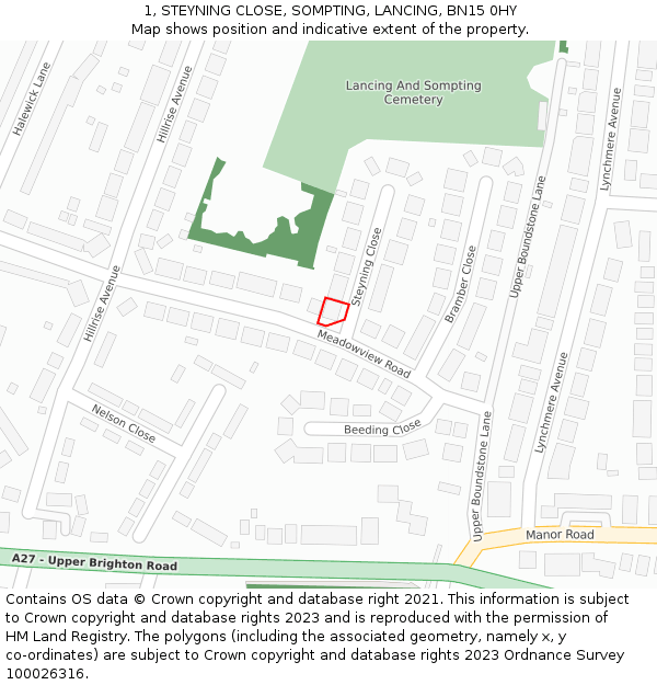 1, STEYNING CLOSE, SOMPTING, LANCING, BN15 0HY: Location map and indicative extent of plot