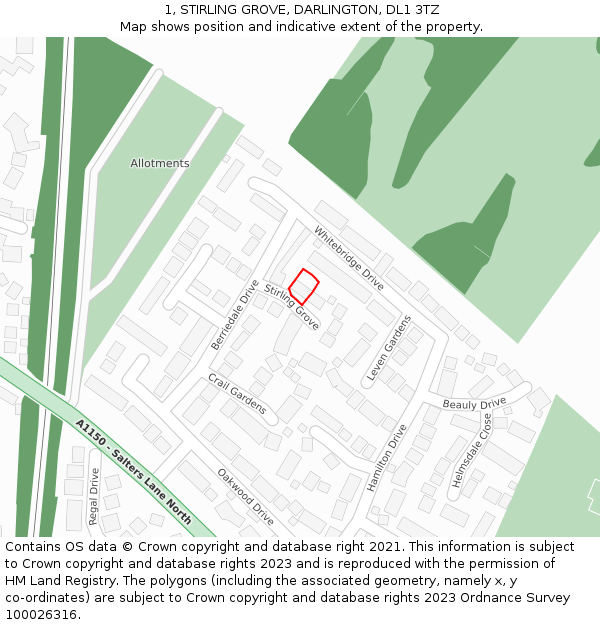 1, STIRLING GROVE, DARLINGTON, DL1 3TZ: Location map and indicative extent of plot
