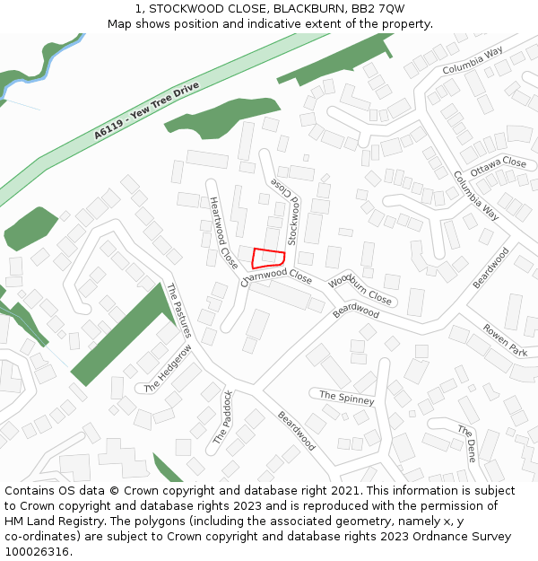 1, STOCKWOOD CLOSE, BLACKBURN, BB2 7QW: Location map and indicative extent of plot