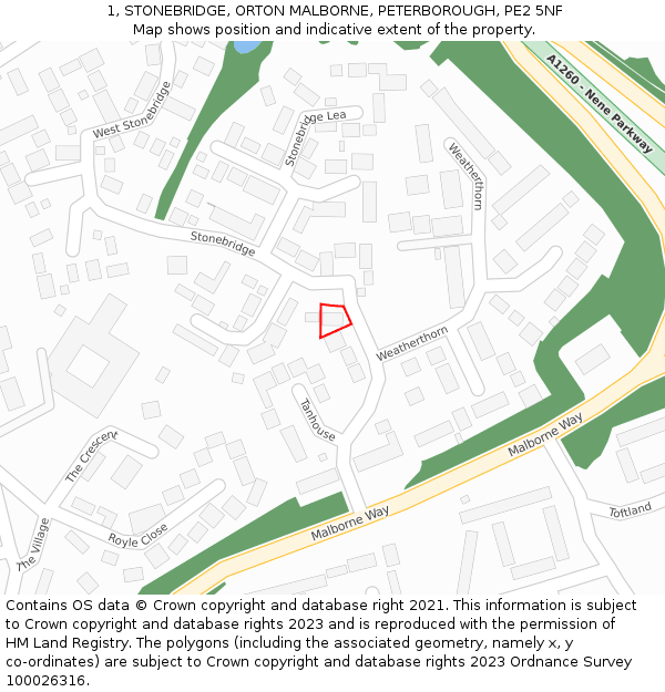 1, STONEBRIDGE, ORTON MALBORNE, PETERBOROUGH, PE2 5NF: Location map and indicative extent of plot