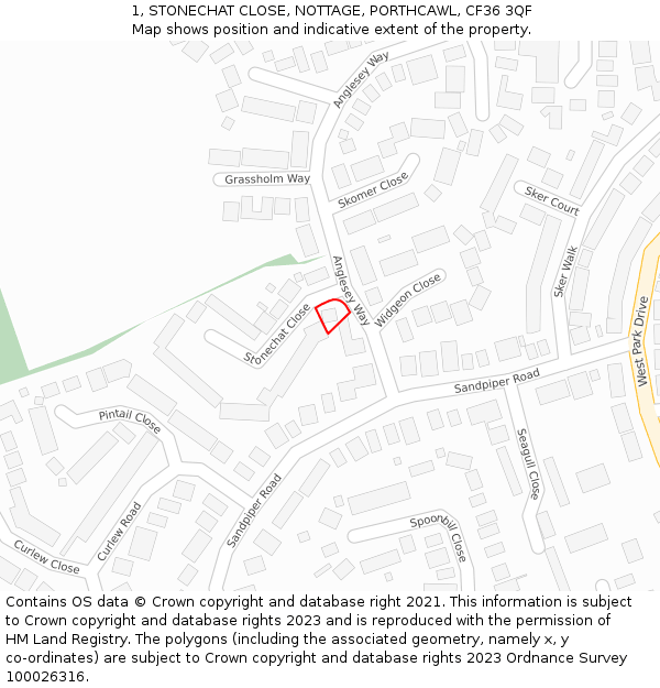 1, STONECHAT CLOSE, NOTTAGE, PORTHCAWL, CF36 3QF: Location map and indicative extent of plot