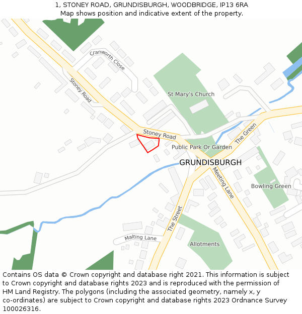 1, STONEY ROAD, GRUNDISBURGH, WOODBRIDGE, IP13 6RA: Location map and indicative extent of plot
