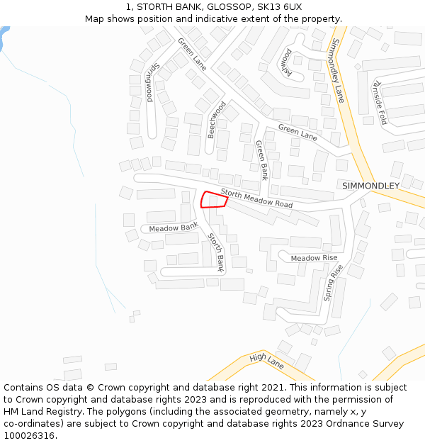 1, STORTH BANK, GLOSSOP, SK13 6UX: Location map and indicative extent of plot
