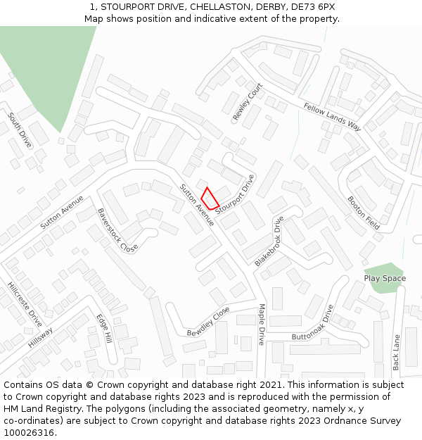1, STOURPORT DRIVE, CHELLASTON, DERBY, DE73 6PX: Location map and indicative extent of plot