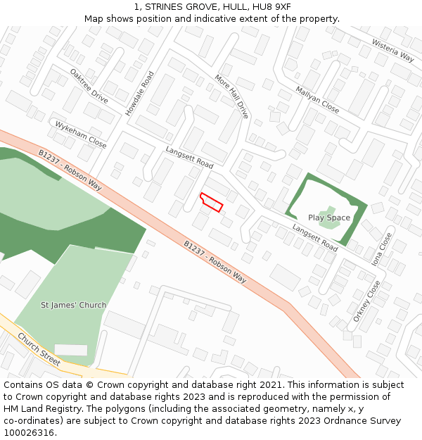 1, STRINES GROVE, HULL, HU8 9XF: Location map and indicative extent of plot