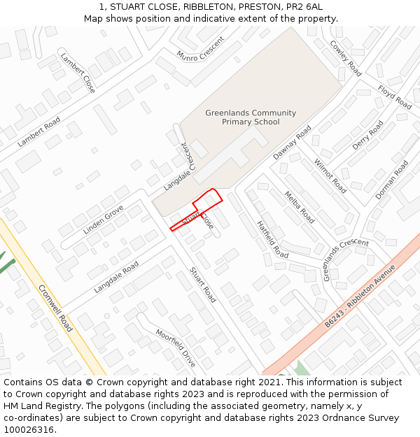 1, STUART CLOSE, RIBBLETON, PRESTON, PR2 6AL: Location map and indicative extent of plot