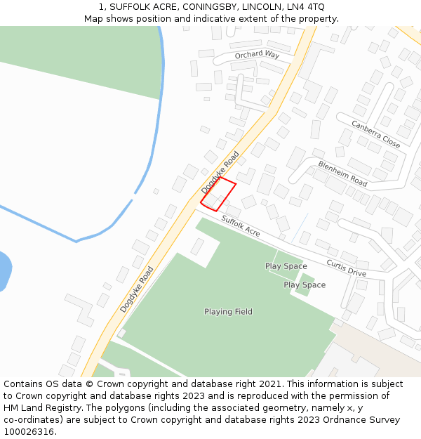1, SUFFOLK ACRE, CONINGSBY, LINCOLN, LN4 4TQ: Location map and indicative extent of plot
