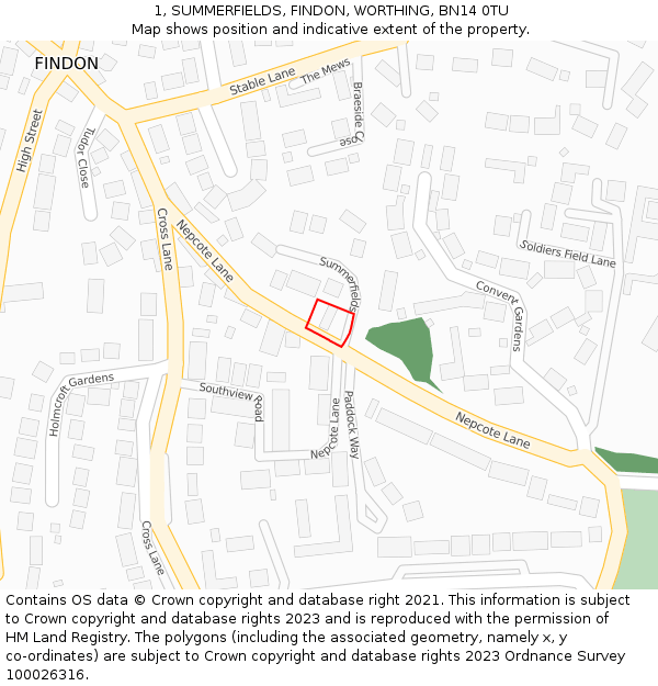 1, SUMMERFIELDS, FINDON, WORTHING, BN14 0TU: Location map and indicative extent of plot