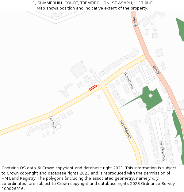 1, SUMMERHILL COURT, TREMEIRCHION, ST ASAPH, LL17 0UE: Location map and indicative extent of plot
