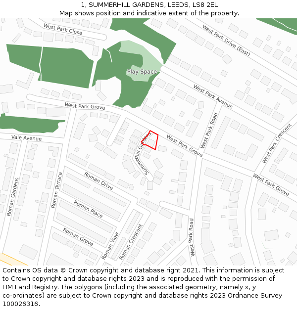 1, SUMMERHILL GARDENS, LEEDS, LS8 2EL: Location map and indicative extent of plot