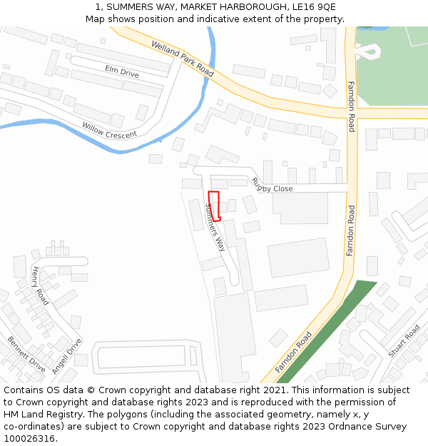 1, SUMMERS WAY, MARKET HARBOROUGH, LE16 9QE: Location map and indicative extent of plot