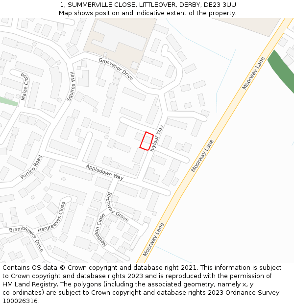 1, SUMMERVILLE CLOSE, LITTLEOVER, DERBY, DE23 3UU: Location map and indicative extent of plot
