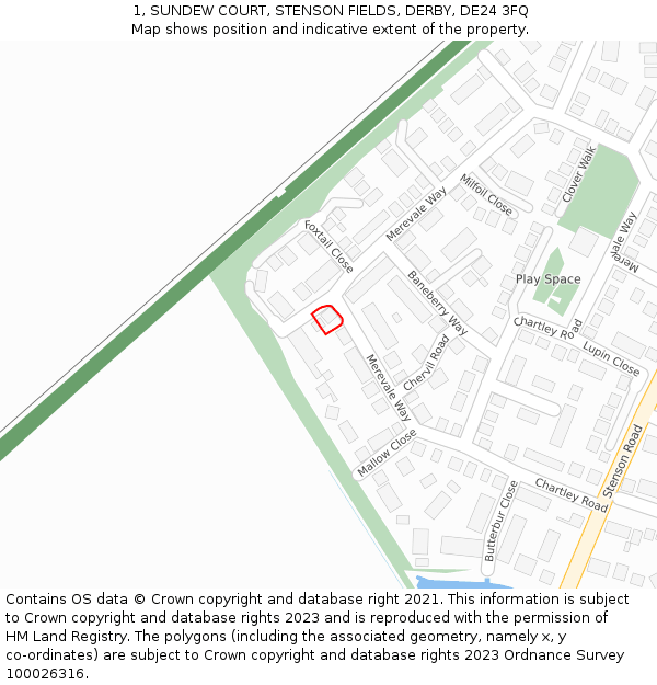 1, SUNDEW COURT, STENSON FIELDS, DERBY, DE24 3FQ: Location map and indicative extent of plot
