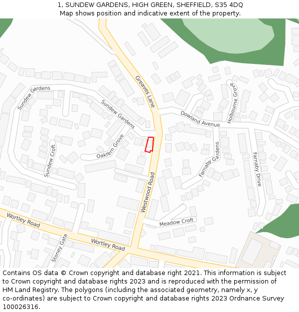 1, SUNDEW GARDENS, HIGH GREEN, SHEFFIELD, S35 4DQ: Location map and indicative extent of plot